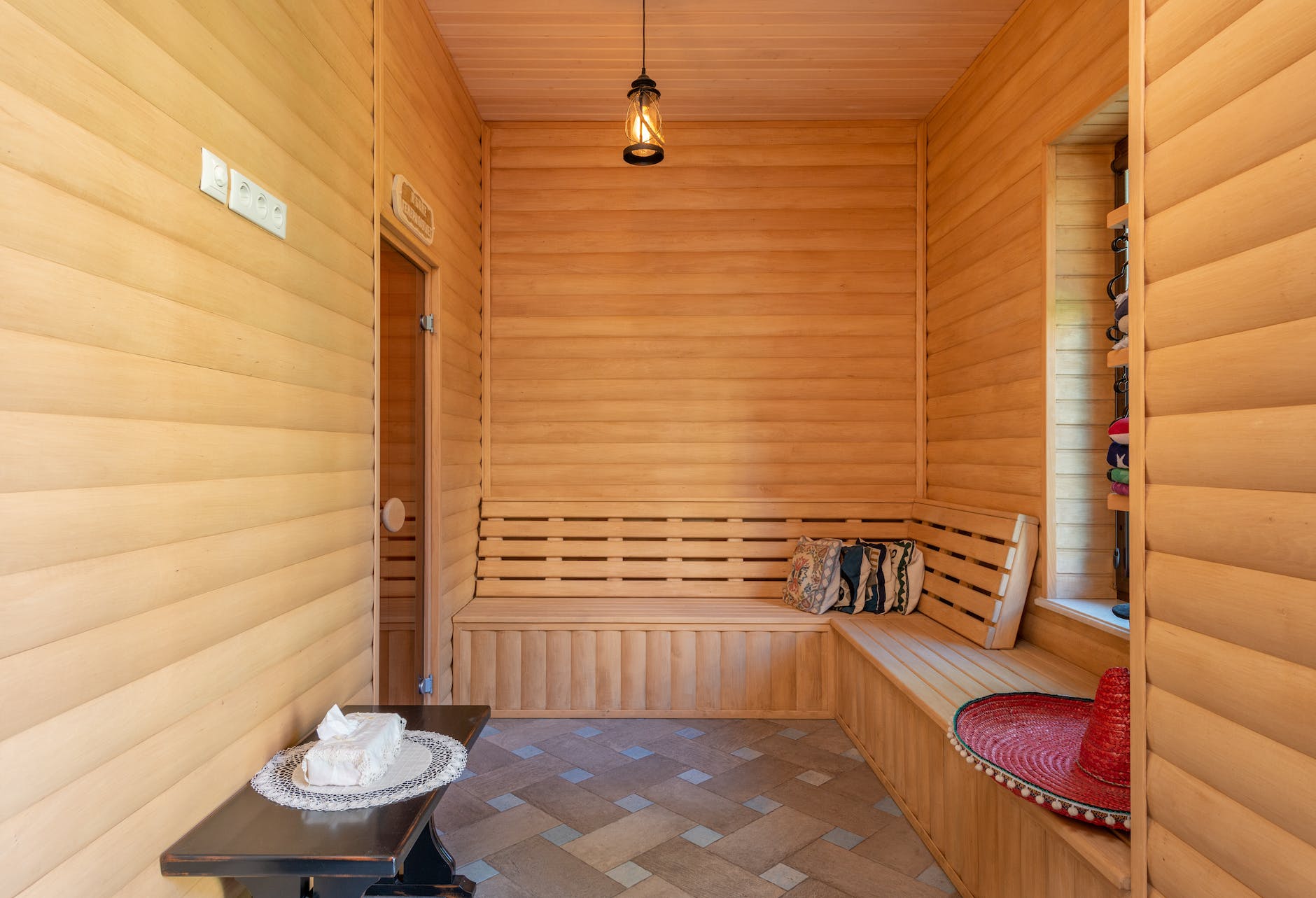 an empty wooden sauna